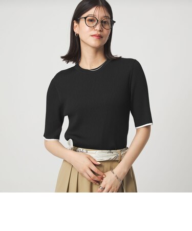 【WEB限定】＜at ease＞ソデサキ バイカラー 5分袖 プルオーバー ニット