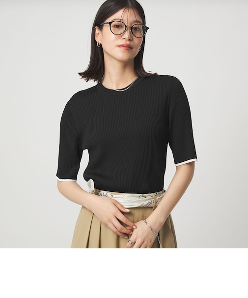 【WEB限定】＜at ease＞ソデサキ バイカラー 5分袖 プルオーバー ニット