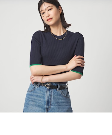 【WEB限定】<at ease>ソデサキ バイカラー 5分袖 プルオーバー ニット