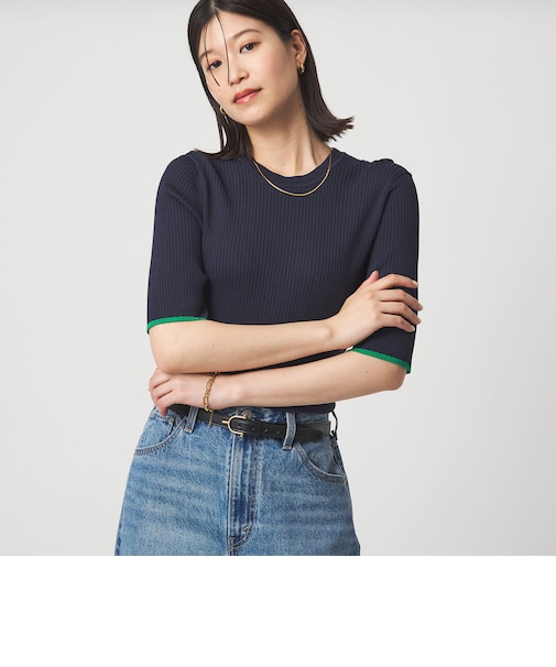 【WEB限定】<at ease>ソデサキ バイカラー 5分袖 プルオーバー ニット