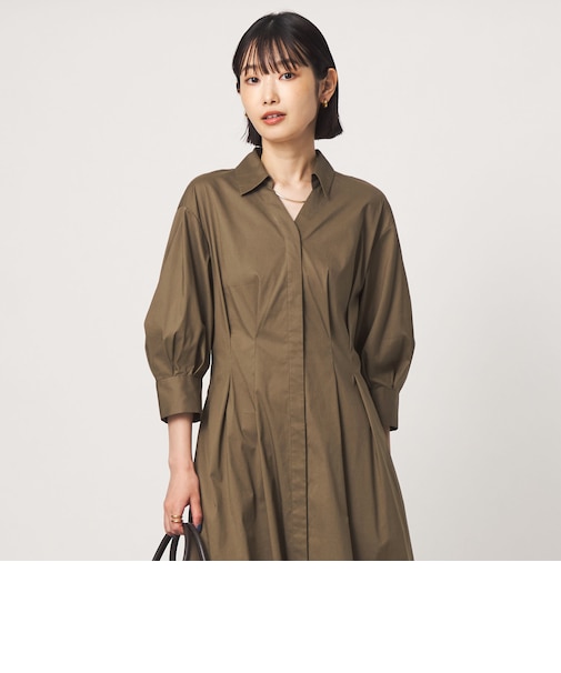 ［size SHORTあり］シャツ襟 フィット＆フレア タック 5分袖 ワンピース