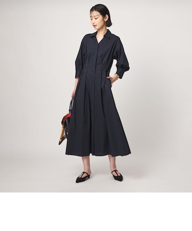 ［size SHORTあり］シャツ襟 フィット＆フレア タック 5分袖 ワンピース