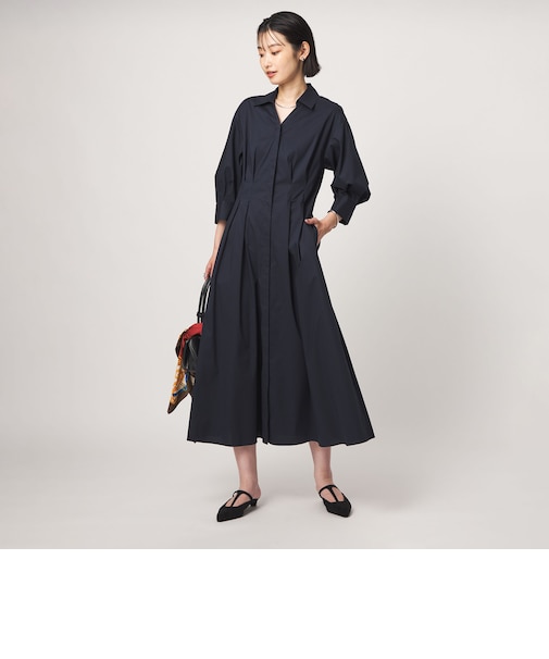 ［size SHORTあり］シャツ襟 フィット＆フレア タック 5分袖 ワンピース