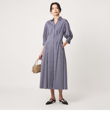 ［size SHORTあり］シャツ襟 フィット＆フレア タック 5分袖 ワンピース