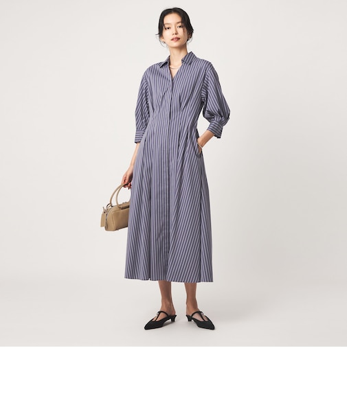 ［size SHORTあり］シャツ襟 フィット＆フレア タック 5分袖 ワンピース