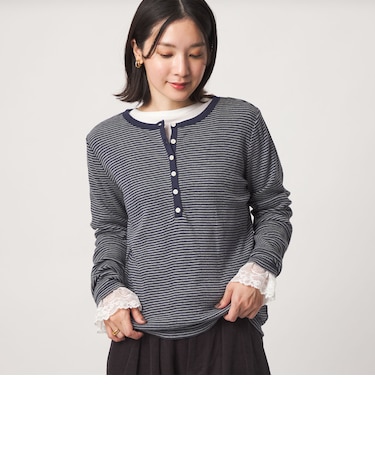 【WEB限定】<at ease>マルチボーダー ヘンリーネック カットソー