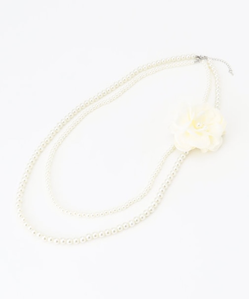【コサージュ付】2連フェイクパールロング ネックレス