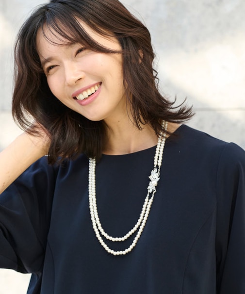 【ブローチ付】二連パールショートネックレス