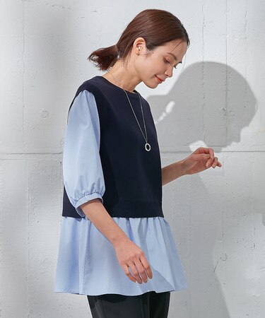 【洗濯機可】ニットレイヤードブラウス