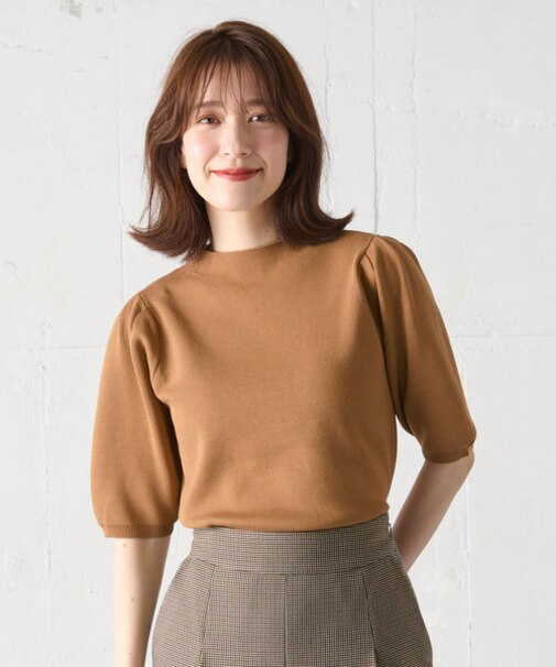 【マシンウォッシュ】モックネックパフスリーブニット