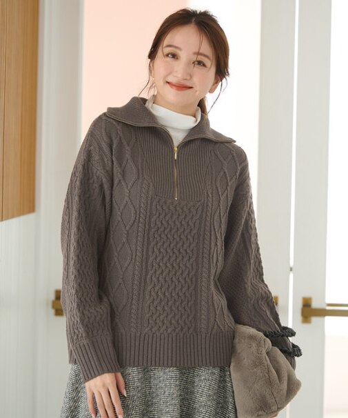 ソフトアクリルハーフジップケーブルニット