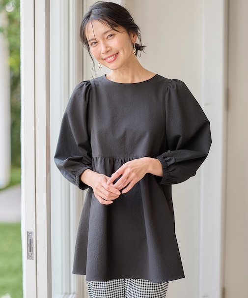 【洗濯機可能】サッカーパフスリーブブラウス