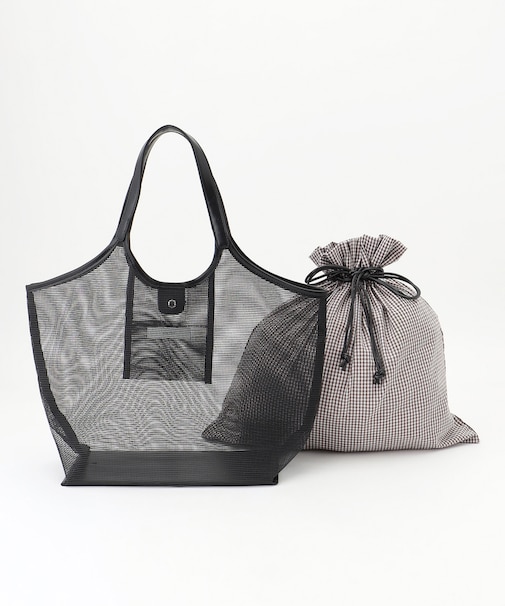 ギンガムチェック巾着付メッシュトートバッグ