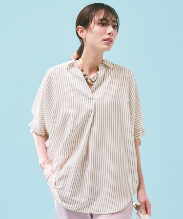 【新色追加/洗濯機可/接触冷感/UVケア】スキッパーネック袖タックブラウス