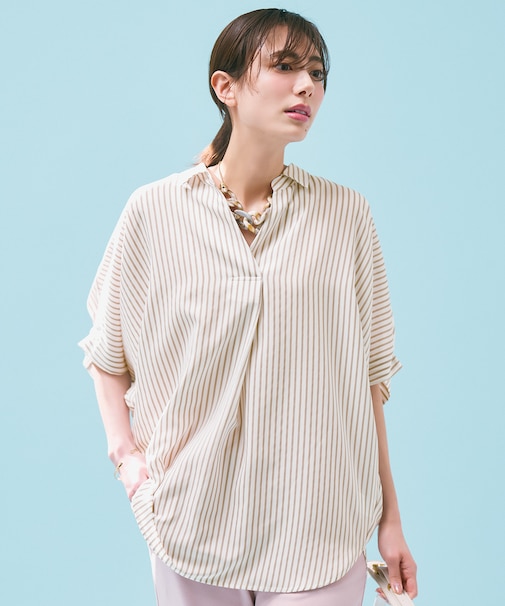 【新色追加/洗濯機可/接触冷感/UVケア】スキッパーネック袖タックブラウス