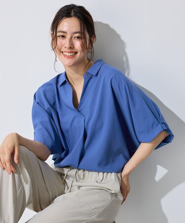 【新色追加/洗濯機可/接触冷感/UVケア】スキッパーネック袖タックブラウス