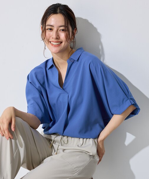 【新色追加/洗濯機可/接触冷感/UVケア】スキッパーネック袖タックブラウス