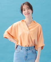 【新色追加/洗濯機可/接触冷感/UVケア】スキッパーネック袖タックブラウス