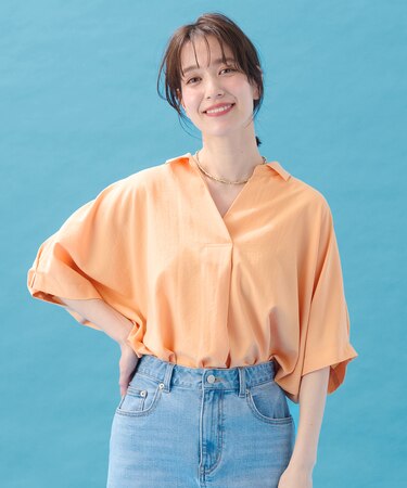 【新色追加/洗濯機可/接触冷感/UVケア】スキッパーネック袖タックブラウス