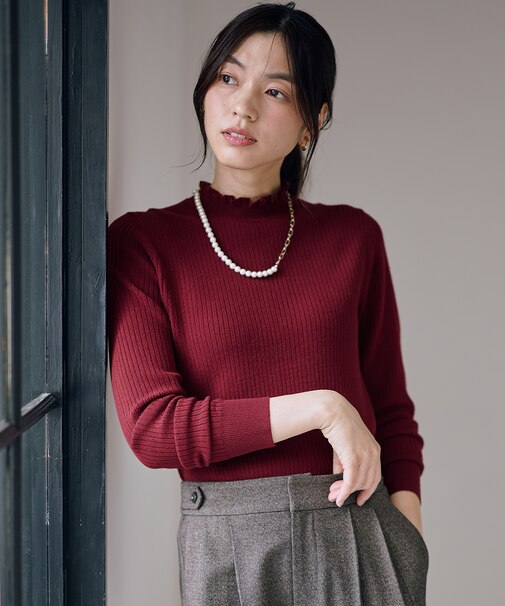 【洗濯機可/吸湿発熱】フリルネックニット