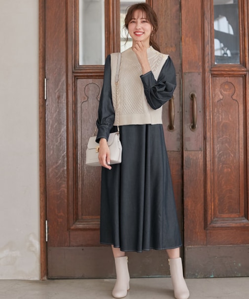 【2SET】ケーブルベスト×パフスリーブ ワンピース