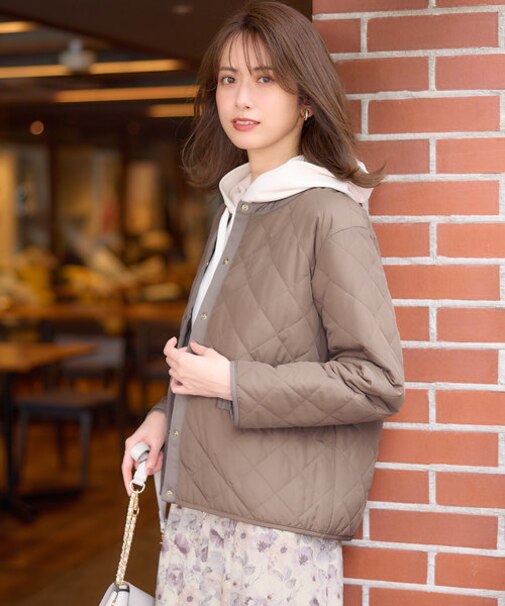 【洗える】レディトリミングキルト ブルゾン