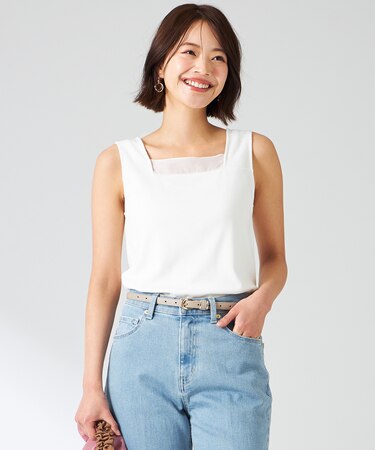 【洗える】シアーコンビスクエアネック タンクトップ