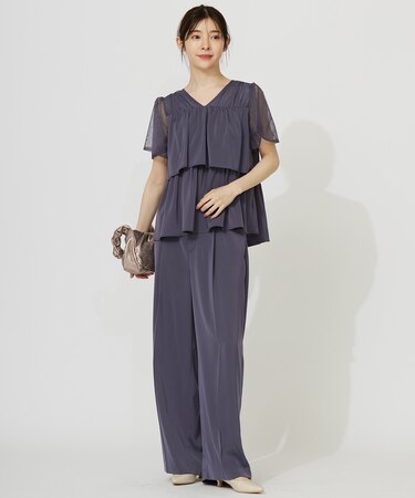 【洗える】ティアードトップス×ワイドパンツSET