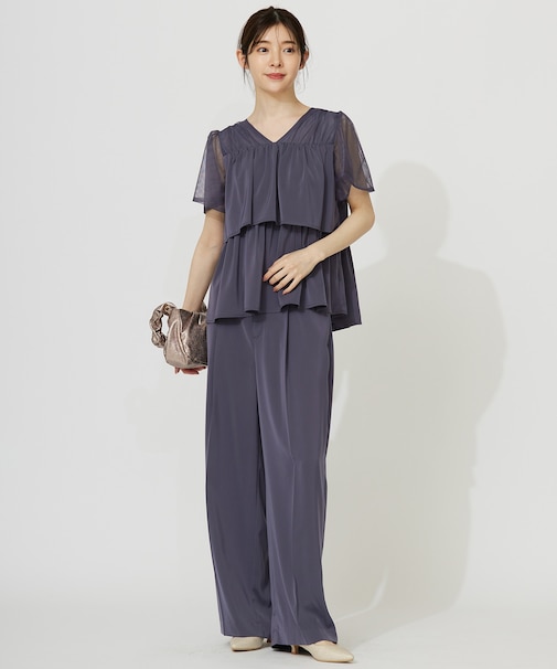 【洗える】ティアードトップス×ワイドパンツSET