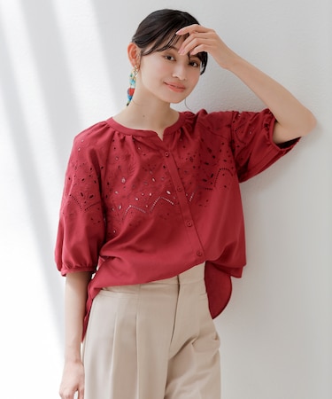 【洗える】カットワークエンブロイダリー ブラウス