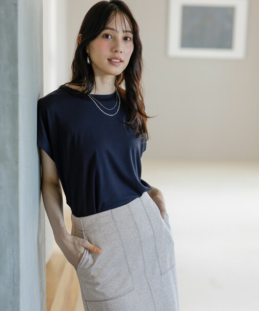 【接触冷感・UVカット・洗える】ハイストレッチスムースフレンチスリーブ カットソー