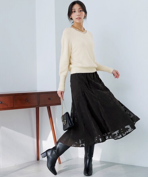 【2SET】フェザー ニット × フロッキー スカート