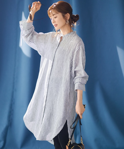 美品 23区 LIBECO LINEN チュニックシャツ ストライプ ロング WEB/一部店舗限定】 LIBECO LINEN チュニックシャツ｜ニジュウ