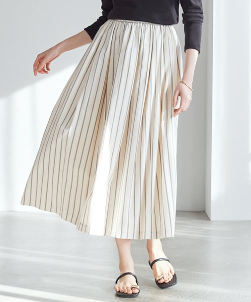 【SLOW/洗える】コットンナイロンストライプ タックフレア スカート