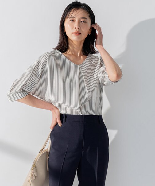 【洗える】タックディテールプルオーバー ストライプ カットソー