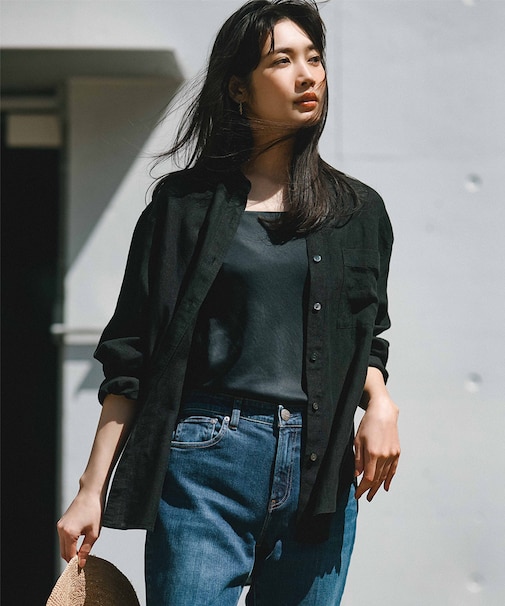 【洗える】LIBECO バンドカラー シャツ