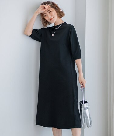 【洗える】ヴィスコースストレッチ パフスリーブ ニットワンピース