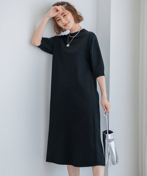 【洗える】ヴィスコースストレッチ パフスリーブ ニットワンピース