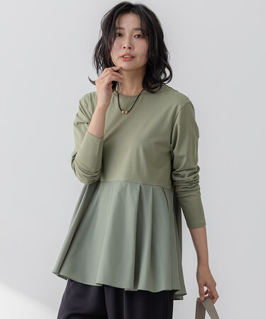 【ご好評につき新色追加】ナチュラルコットンベアコンビ ペプラム カットソー