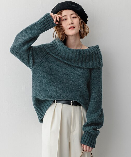 【洗える】エアリーベビーアルパカ ボリュームカラー ニット