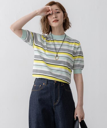 【VERY3月号掲載/洗える】プレミアムビオコットン 半袖 マルチボーダー ニット