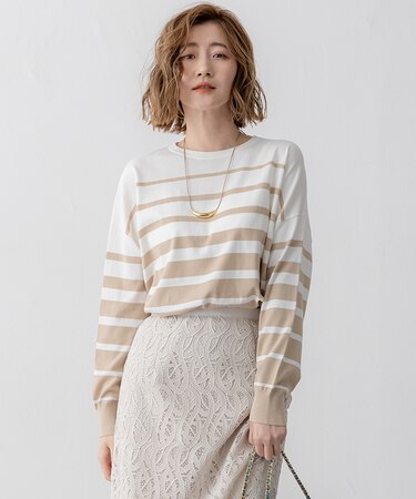 【洗える】プレミアムビオコットン ボーダー ワイド ニット