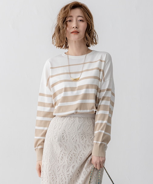 【洗える】プレミアムビオコットン ボーダー ワイド ニット