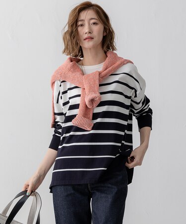 【洗える】プレミアムビオコットン ボーダー ワイド ニット