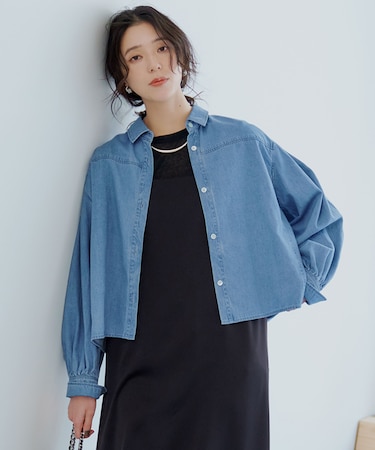 【Oggi3月号掲載/洗える】ライトダンガリー クロップド ボリュームスリーブ シャツ