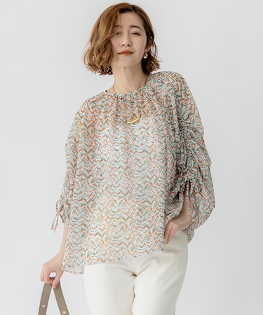 【洗える】シアーヘリンボーンプリント ブラウス