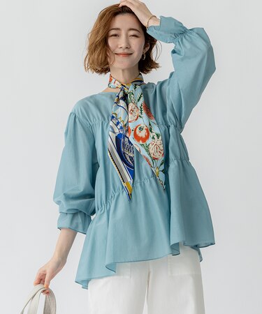 【洗える】シアーコットンシルク シャーリング デザイン ブラウス