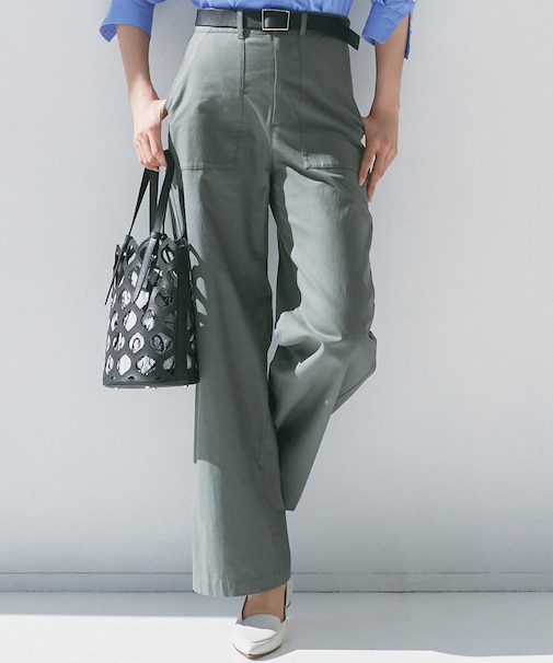 【洗える】スラブツイルストレッチ ワイド パンツ