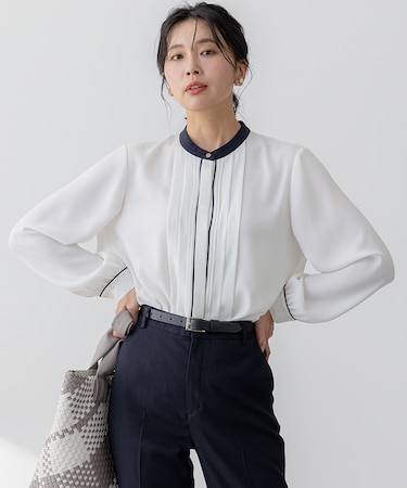 【吸水速乾/UVケア/洗える】ストレッチクリアサテン バイカラー ブラウス