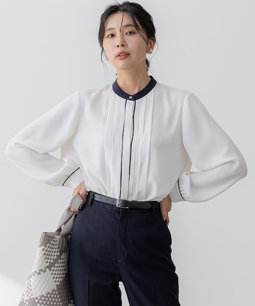 【吸水速乾/UVケア/洗える】ストレッチクリアサテン バイカラー ブラウス